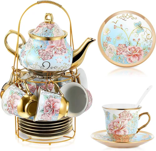 Miniatura 12 de Zhehao Juego de té de porcelana de 20 piezas con soporte de metal y cuchara para adultos, juego de té de cerámica para adultos, pintura de flores