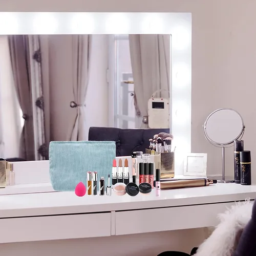 Miniatura 6 de Pazimiik Bolsa de maquillaje grande con cremallera, de pana, para bolso de viaje, organizador de cosméticos para mujeres, almacenamiento de Pana Azul