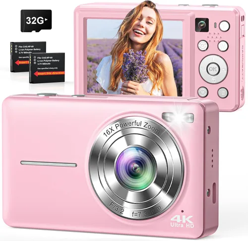 Cámara digital, cámaras 4K 64MP para fotografía, pequeña cámara digital compacta de apuntar y disparar con enfoque automático, cámara dual, flash,