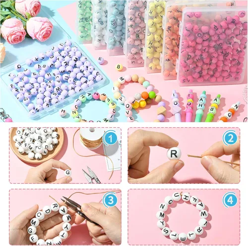 Miniatura 6 de 26 cuentas de silicona con letras de 0.59 pulgadas para hacer llaveros, cuentas focales redondas de silicona A-Z para bolígrafos, pulseras, collares