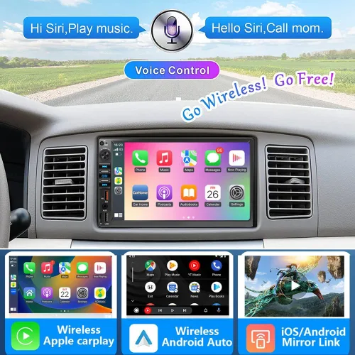 Estéreo de auto de doble DIN de 7 pulgadas para Carplay inalámbrico y Android Auto, audio de coche con pantalla táctil HD de 1024 x 600, enlace de