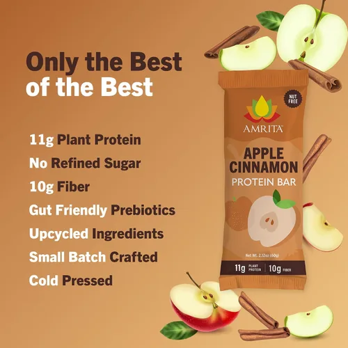 Miniatura 4 de Amrita - Barras de proteínas veganas sin frutos secos con manzana y canela (paquete de 12) Barra de proteínas de 11g a base de plantas Sin