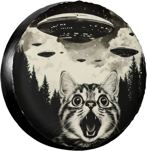 Cool Cat and UFO Spare Tire Cover Wheel Protectors Dust-Proof Wheel Tire Cover Fit Trailer, Rv, Sand Many Vehicle 14inch