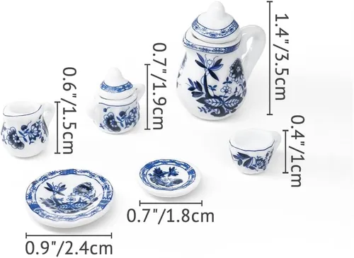 Miniatura 5 de Odoria Juego de té de porcelana en miniatura 1/12, 15 piezas, accesorios de decoración de casa de muñecas, loto azul