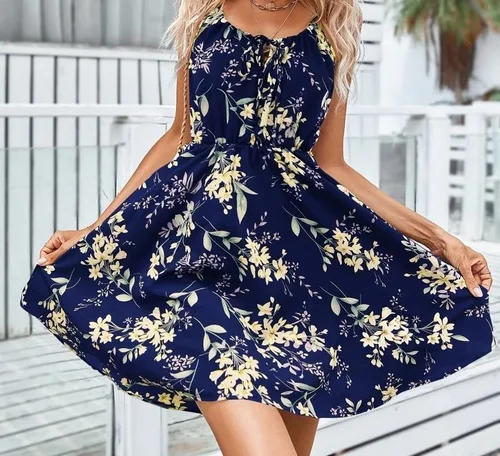 Miniatura 3 de Floral Cuello Redondo Sin Mangas Impresión Poliéster Sobre La Rodilla Vestido De Princesa