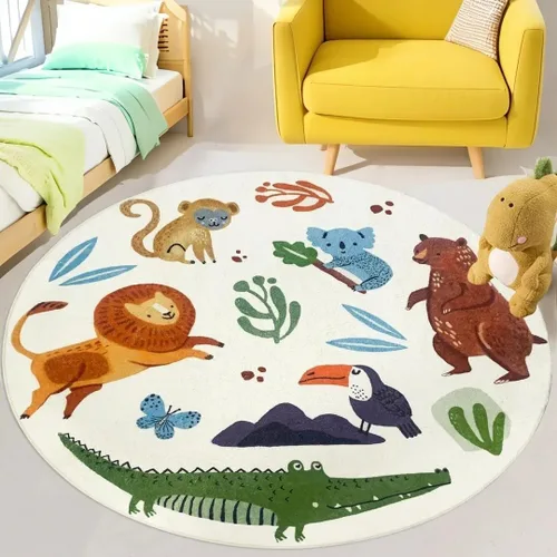 Alfombra de juego para niños, alfombra circular de animales de 4 pies, alfombra redonda de zoológico para dormitorio, para niños y niñas, decoración