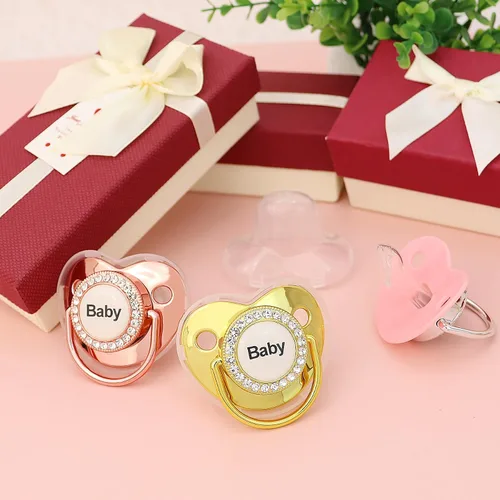 Miniatura 2 de Chupete personalizado con nombre, set de clip para chupete dorado brillante con caja de almacenamiento, chupete personalizado con purpurina