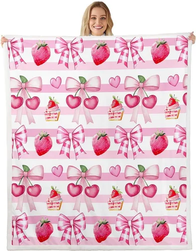 Miniatura 13 de Manta de franela con lazo rosa, manta de vellón con lazo en acuarela para decoración del hogar, sofá, sofá, manta de forro polar kawaii de dibujos