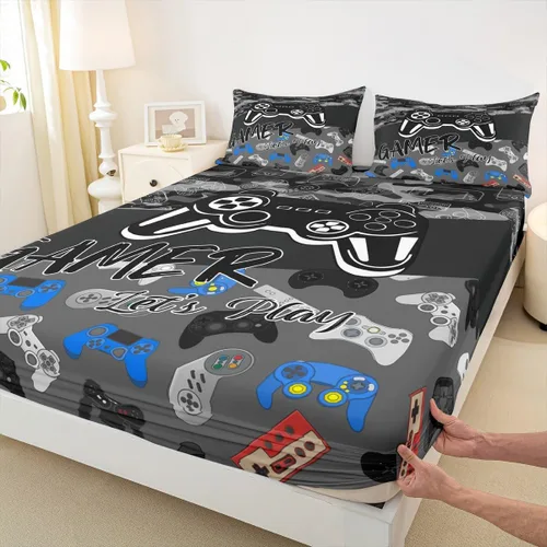 Miniatura 30 de Juego de sábanas bajeras para juegos tamaño individual, juego de ropa de cama con grafiti Lightning Strike para niños, adolescentes, decoración