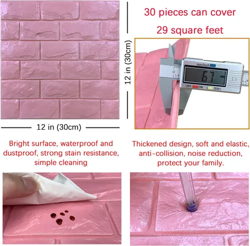 Miniatura 5 de 30 piezas de paneles de pared 3D de ladrillo falso rosa con adhesivo, papel tapiz de ladrillo de espuma autoadhesivo, paneles de pared de piedra