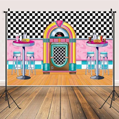 Miniatura 2 de Fondo de fotos de comedor clásico para cenar, fondo retro para cenar, música rock, decoración clásica de fiesta de cumpleaños, taburetes de bar