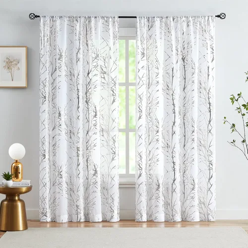 FMFUNCTEX Cortinas traslúcidas color plateado sobre árbol blanco de 45 pulgadas de largo para dormitorio, cortinas transparentes con patrón de ramas