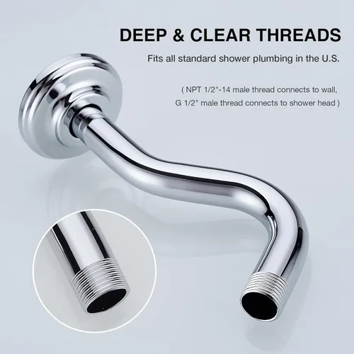 Miniatura 7 de Brazo de ducha curvado en forma de S de cromo pulido de 8 pulgadas, tubo de regadera de cuello de cisne de acero inoxidable, cuello de ducha