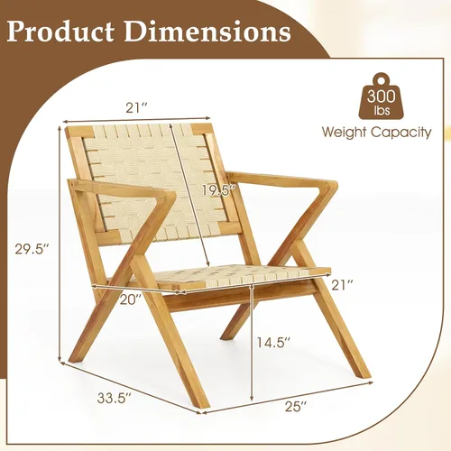 Miniatura 3 de Tangkula Silla de comedor de madera de teca para exteriores, sillón rústico de madera para patio con asiento y respaldo de cincha, para sala