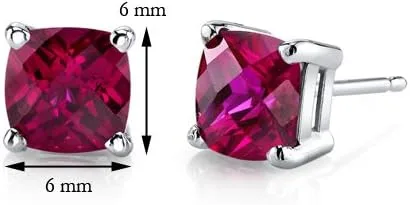 Miniatura 5 de Peora Aretes de rubí creado en oro blanco de 14 quilates para mujer, hipoalergénicos, corte cojín de 0.236 in, 2.50 quilates en total, espalda