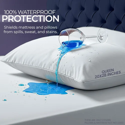 Miniatura 3 de Protector de colchón impermeable y fundas de almohada, tamaño Queen, incluye 2 protectores de almohada con cremallera y 1 juego de funda de colchón