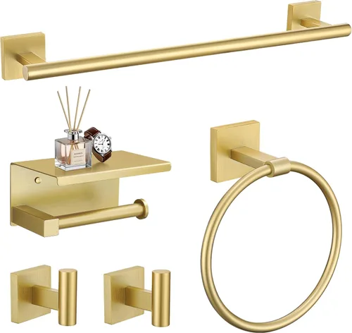 TURS Juego de 5 piezas de accesorios de baño de oro cepillado de 23.6 pulgadas, juego de toallero de acero inoxidable SUS304 montado en la pared,