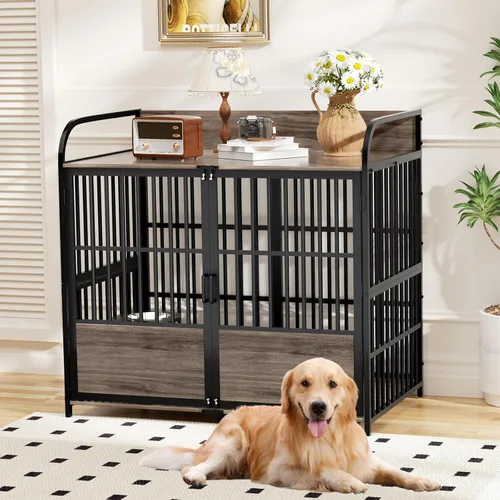 Miniatura 3 de BEURUKU Mueble de jaula para perros XL de 41 pulgadas, perrera mediana para interiores con 2 cuencos ajustables, mesa de jaula para perros de madera