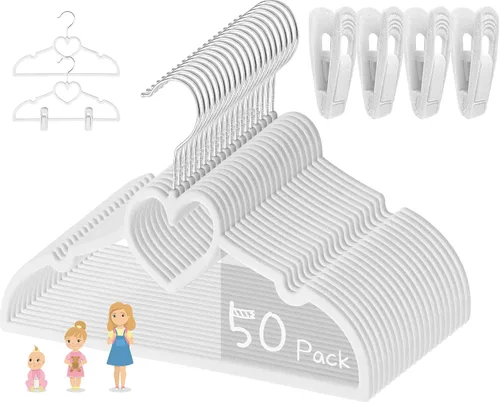 Miniatura 8 de Perchas de terciopelo beige con forma de corazón, paquete de 50 perchas para niños pequeños de 13 pulgadas con 20 clips, ultra delgadas y apilables