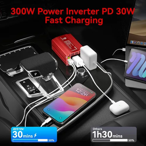 Miniatura 3 de Inversor de corriente Bestek 300 W CC 12 V a 110 V CA con adaptador de auto con puerto USB doble 4.2 A Gris