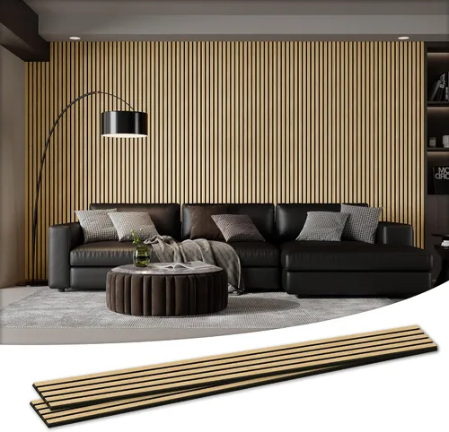 Miniatura 20 de Paquete de 4 paneles acústicos de pared de 105.9" x 12.6" x 0.8" que absorben sonido, paneles de pared de listones de madera para decoración de Teca
