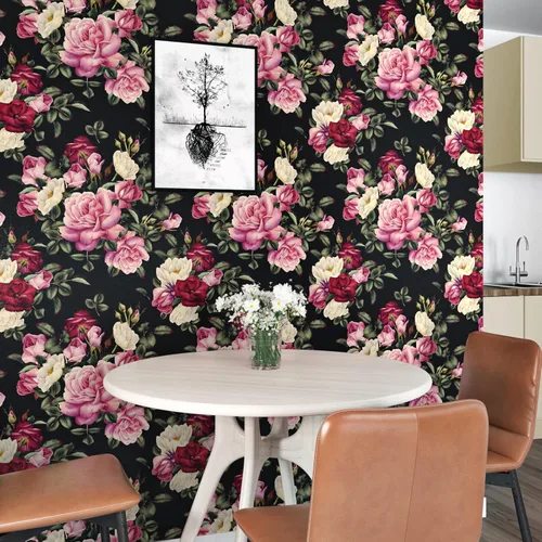 Miniatura 3 de Wallercity Papel Tapiz Floral Vintage Despegar y Pegar Papel Tapiz de Rosa Peonía Gabinetes Mesa Superior Papeles Tapiz Impermeable Removible