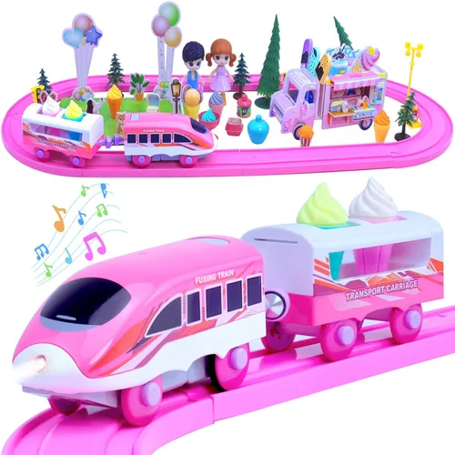 Miniatura 9 de Juegos de trenes clásicos rosados para niños pequeños, juguetes musicales de tren eléctrico con camión de helado de bricolaje, rompecabezas