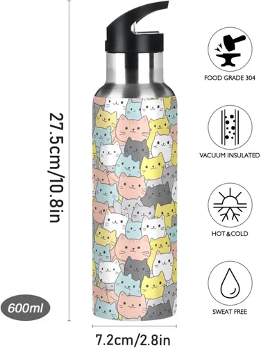 Miniatura 9 de BPA-Free Sports Water Bottle 20 Oz, Insulated Stainless Steel Water Bottle with Straw for Gym Outdoor Travel School, Cute Cats Colorful
