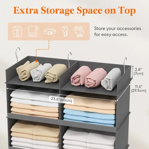 Miniatura 6 de Lifewit Estante de doble fila para colgar en el armario, estantes de ropa con 3 ganchos resistentes para organización de ropa, contenedor plegable