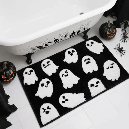 Lindameler Alfombra de baño de Halloween, espeluznante alfombra de baño de fantasma blanco y negro para decoración de baño de Halloween,
