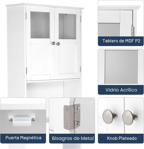 Miniatura 9 de Bonnlo Armario de almacenamiento sobre el inodoro con estante ajustable, organizador de suelo de baño blanco, ahorro de espacio con puertas dobles