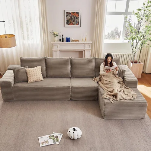 Miniatura 56 de Sofá seccional modular de 96", sofá en forma de L tipo nube sin estructura con chaise lounge, tapizado de pana con asiento profundo de espuma Negro