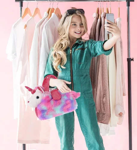 Miniatura 6 de DolliBu Bolso de peluche de unicornio morado para mascotas - Lindo bolso de unicornio para niñas, Rosado