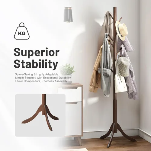 Miniatura 7 de kiplant Perchero de madera de bambú, árbol de abrigo independiente con 8 ganchos, organizador de sombrero de entrada para pasillo, dormitorio, Marrón
