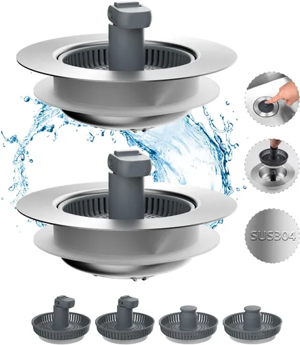 Miniatura 13 de Hibbent - Combo de colador y tapón de drenaje desplegable 3 en 1 para fregadero de cocina, de acero inoxidable, cesta antiobstrucción, con mango
