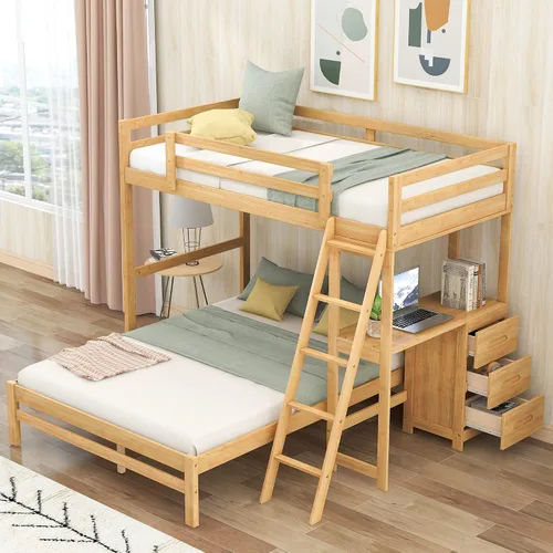 Miniatura 12 de Literas de tamaño matrimonial sobre individual e individual, litera triple de madera con cajones de almacenamiento, barandillas y escalera para 3