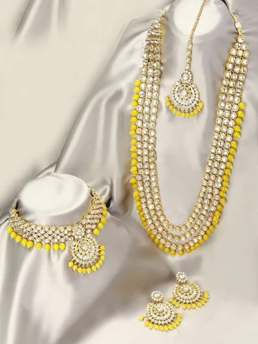 Miniatura 7 de Aheli Indian Wedding Kundan Beaded Bridal Long Choker Necklace Earrings with Maang Tikka Traditional Jewellery Set for Women