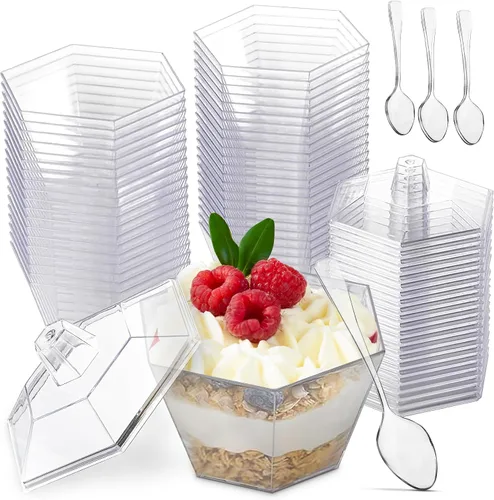 Oasis Creations Mini tapas y cucharas hexagonales incluidas, 3.3 onzas, 40 unidades, plástico transparente, seis caras, taza de flores, taza de