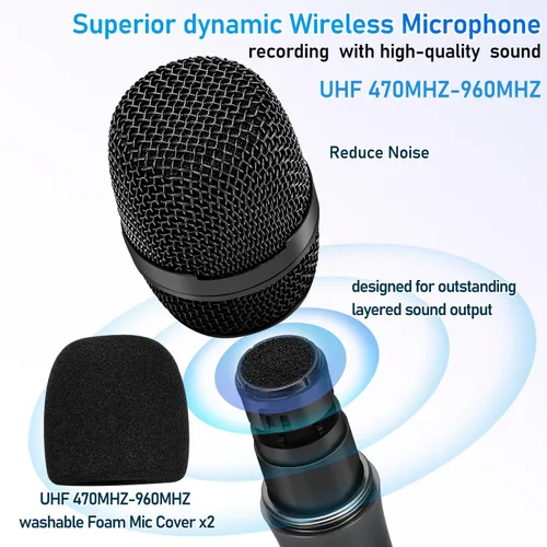 Miniatura 2 de Sistema de karaoke de micrófono inalámbrico con receptor Bluetooth recargable, micrófono inalámbrico dinámico de mano profesional, rango UHF de 200