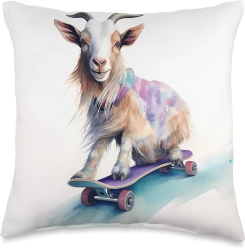 Skateboarding Goat Adventurous Goat On Skateboard Monopatín de cabra, animal, almohada deportiva, 16x16, multicolor
