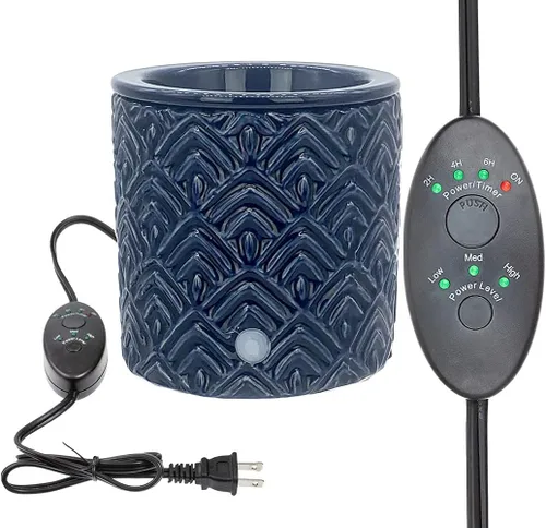 Calentador eléctrico de velas de cerámica Chevron azul con temporizador de seguridad | Calentador de fragancia de enchufe automático para cera