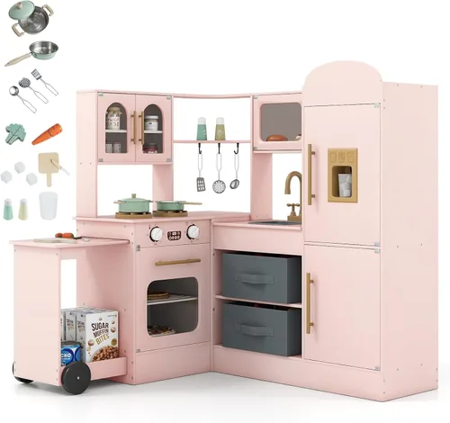 Costzon Cocina de Juego de Esquina, Pequeño Chef Cocina de Juego de Simulación con Luz y Sonido Reales, Carrito Extraíble, Contenedores de Tela,
