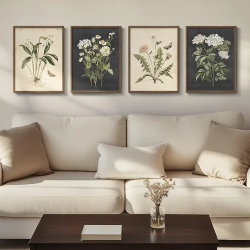 Arte de pared botánico enmarcado para sala de estar, 4 piezas de pinturas en lienzo florales rústicas, cuadros de flores vintage para granja,