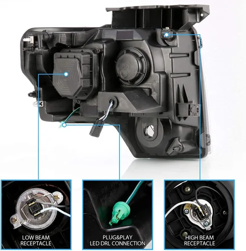 Miniatura 7 de AmeriLite para camioneta Ford F150 2009-2014, juego de faros delanteros LED de barra cuadrada, proyector halógeno negro, haz alto/bajo incluido