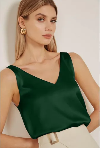 Miniatura 2 de Camiseta sin mangas de satén para mujer, cuello en V, camisola de seda, casual, básica, blusas