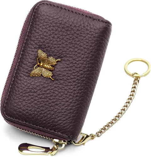 imeetu Portatarjetas de crédito RFID para mujer, pequeña cartera de cuero con cremallera con llavero extraíble, púrpura café, S, Cartera para