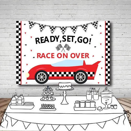 Miniatura 4 de MEHOFOND Telón de fondo de fiesta de cumpleaños de coche de carreras, accesorios para niños, enciende tus motores, carreras sobre negro y rojo