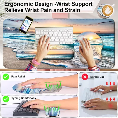 Miniatura 2 de Alfombrilla para mouse + alfombrilla de escritorio + reposamuñecas para teclado + posavasos 4 en 1, bonita alfombrilla de mouse ergonómica grande