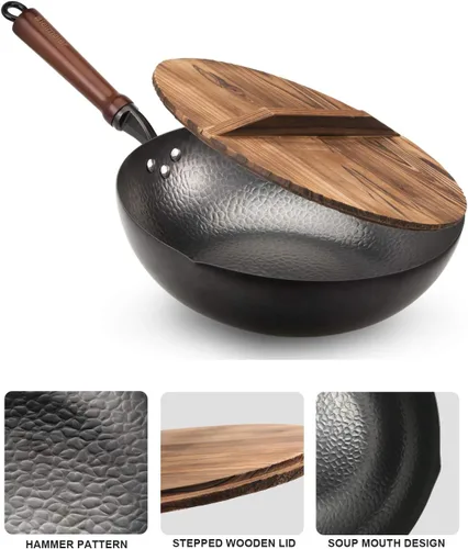 Miniatura 7 de BIELMEIER - Sartén wok de 12.5" (31.75 cm), woks y sartenes para saltear, wok de acero al carbono, wok de fondo plano con tapa, apto para todas