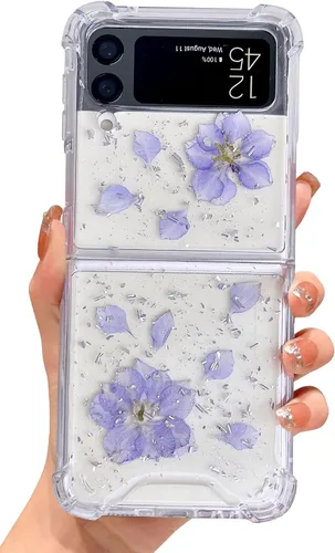Miniatura 13 de Abbery Funda transparente para Samsung Galaxy Z Flip 3 5G, transparente y con diseño de purpurina bonita con purpurina floral prensada de Rosa
